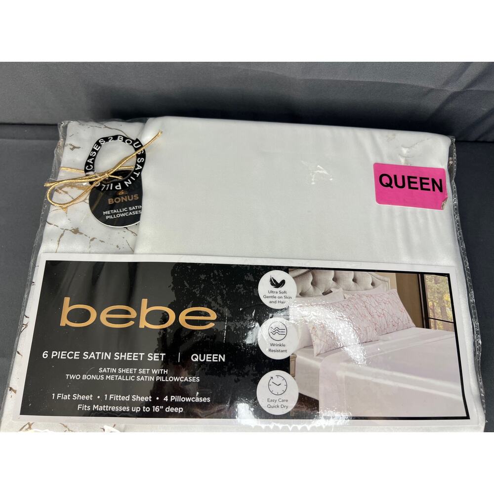 bebe 6 Pc White Satin Queen Size Sheet Set with 2 Bonus Pillowcases NIP